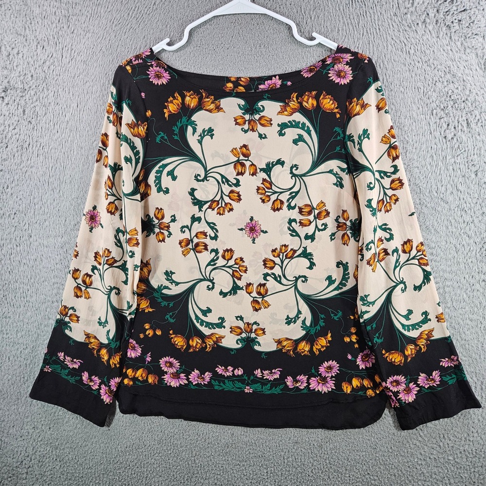 Maeve Anthropologie Womens 6 Silk Blouse Floral Botanical Nouveau Boat Neck‎ Top